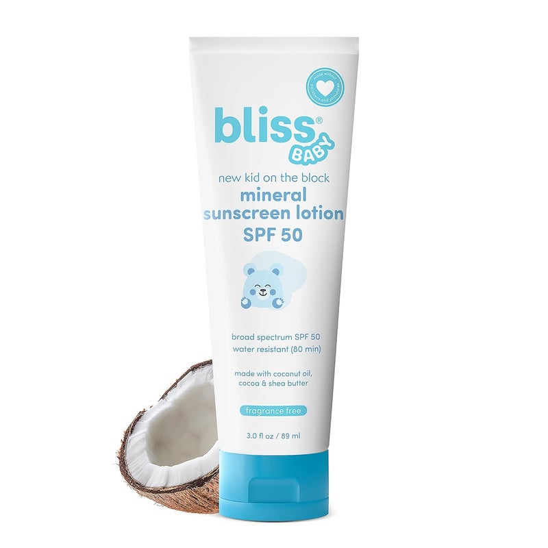 BLISS واقي شمس للأطفال، لوشن معدني فائق الجودة SPF 50، أكسيد الزنك الطبيعي، مضاد للحساسية، غير سام، مقاوم للماء، نباتي، للبشرة الحساسة - للأطفال، والرضع، والأطفال، والعائلة بأكملها - Image 1